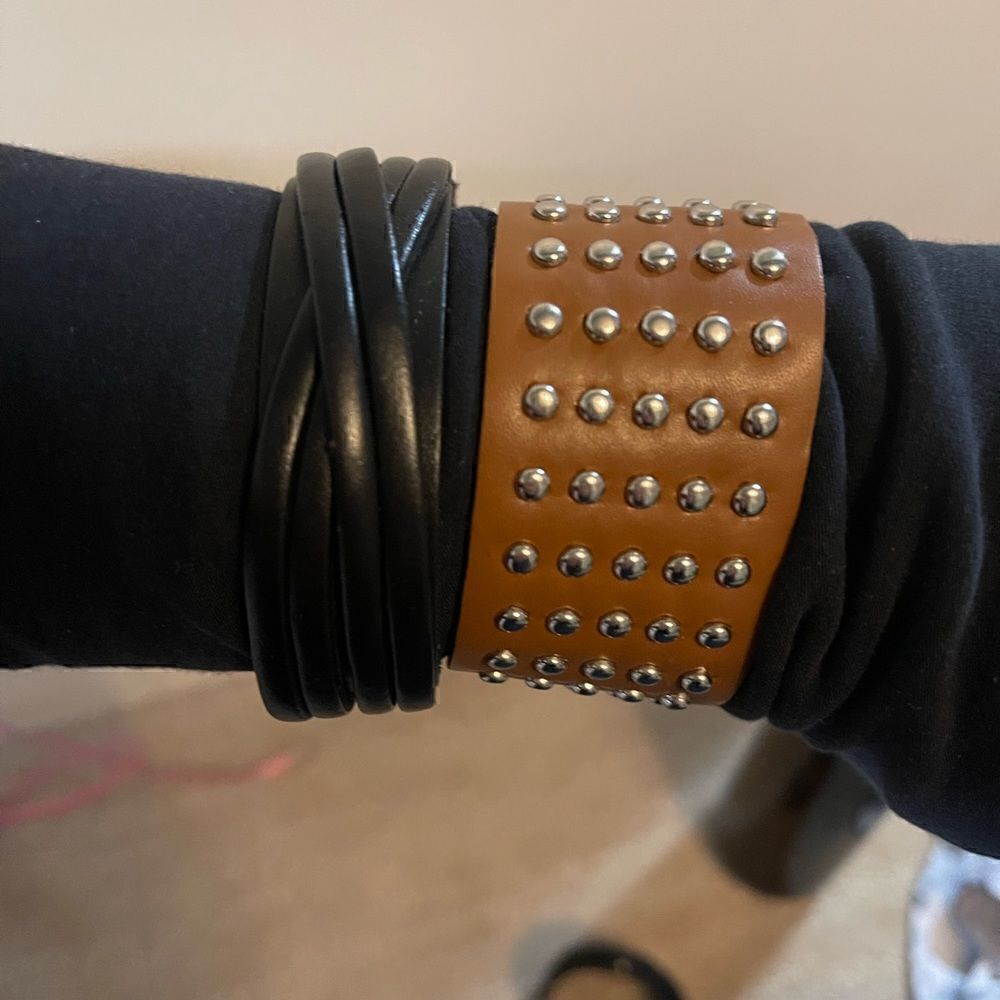 Black and Beige Grommet Authentic Leather Adjustable Bracelets